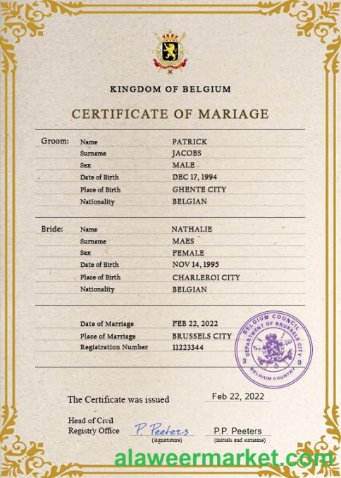 Belgium marriage certificate PSD template